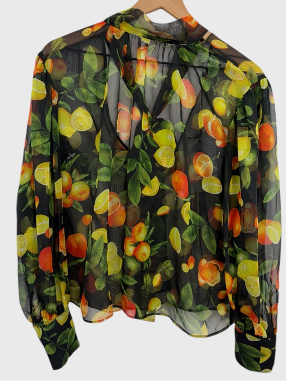 MSGM NWT Black Multicolor Fruit Sheer Tie Front Blouse Size 46 - Picture 2 of 9